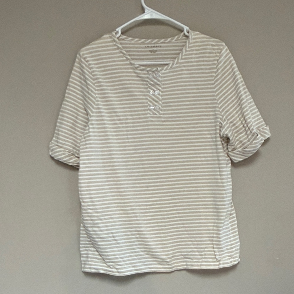 Appleseed's Beige and White Striped Button Top